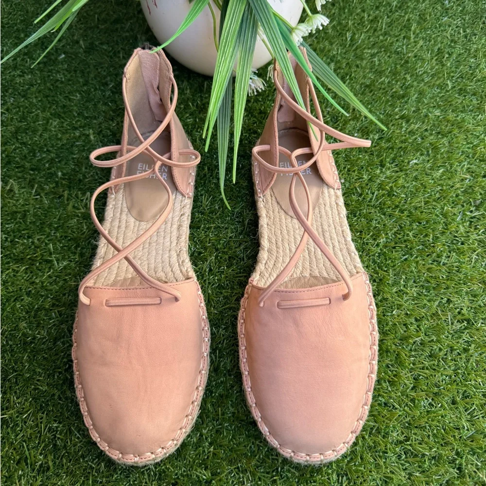 EILEEN FISHER Lee Perforated Suede Flat Espadrilles Barley size 6.5
